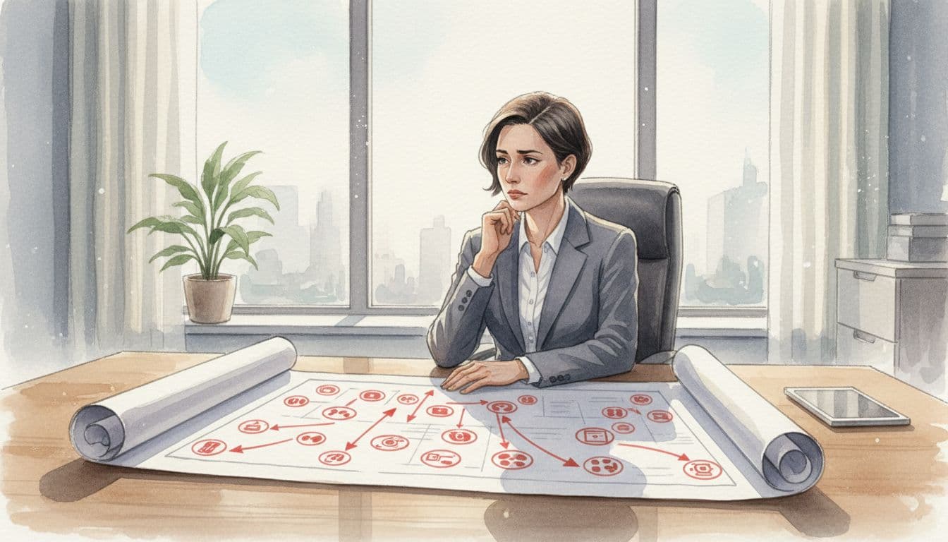 Concerned executive at desk examines roadmap with vendor icons and arrows in modern watercolor office.
