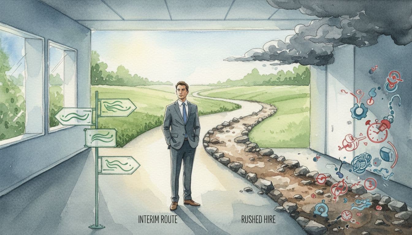 Executive stands in calm office hallway at path fork: smooth left with green fields, rocky right with mismatch and delay icons.