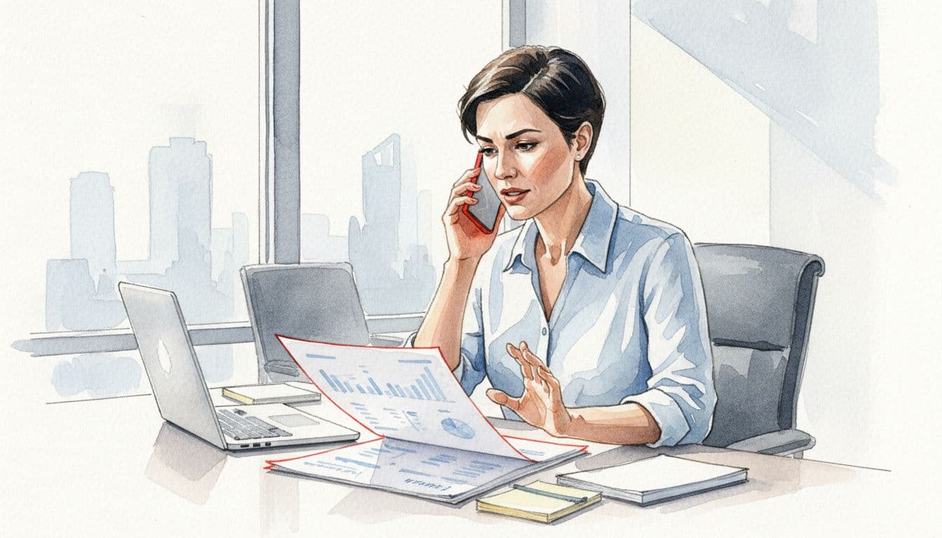 Composed executive at modern desk speaks on phone while checking dashboard printout in watercolor style.