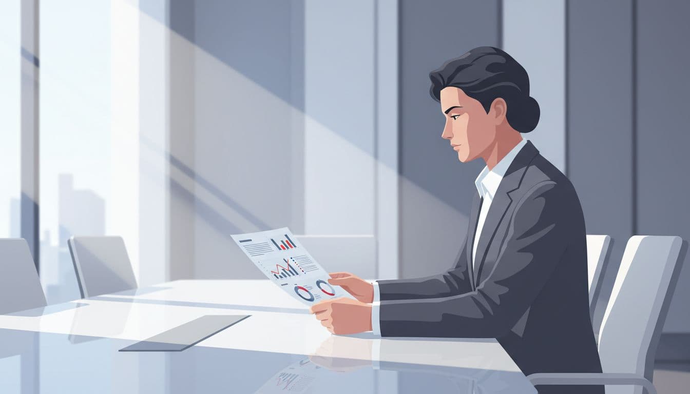 Modern illustration of a busy executive at a board table reviewing a one-page reporting dashboard printout with charts on outcomes and risks. Conference room setting with soft window lighting, centered composition on the document.