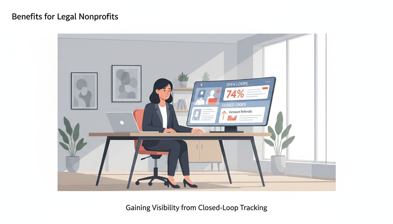 Modern illustration of an executive at a desk reviewing a referral dashboard showing open and closed loops, in a clean office with natural light and red accents on metrics.