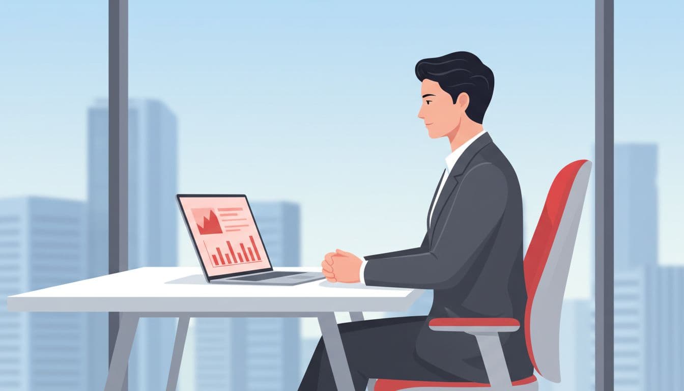 Modern illustration of a business executive at a clean desk reviewing a simple financial dashboard on a laptop screen angled away from the viewer, with an office window showing a city view in the background.