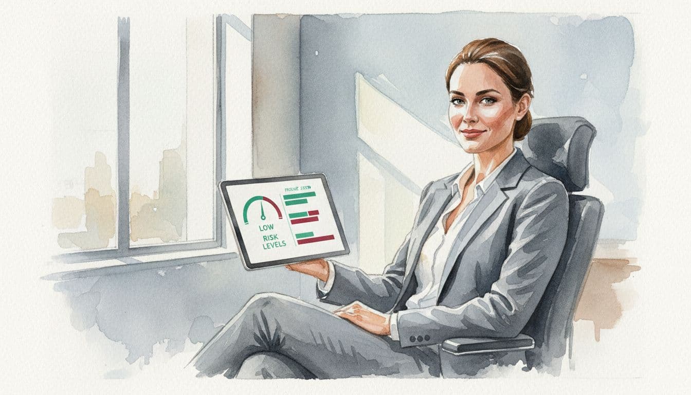 Watercolor of confident executive in modern office holding tablet with clean green and red metrics dashboard, natural window light.