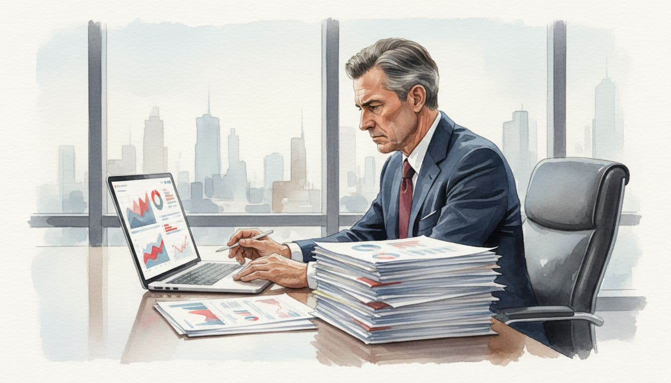 Senior executive at conference table reviews stack of vendor proposals and laptop showing software dashboards in watercolor style.