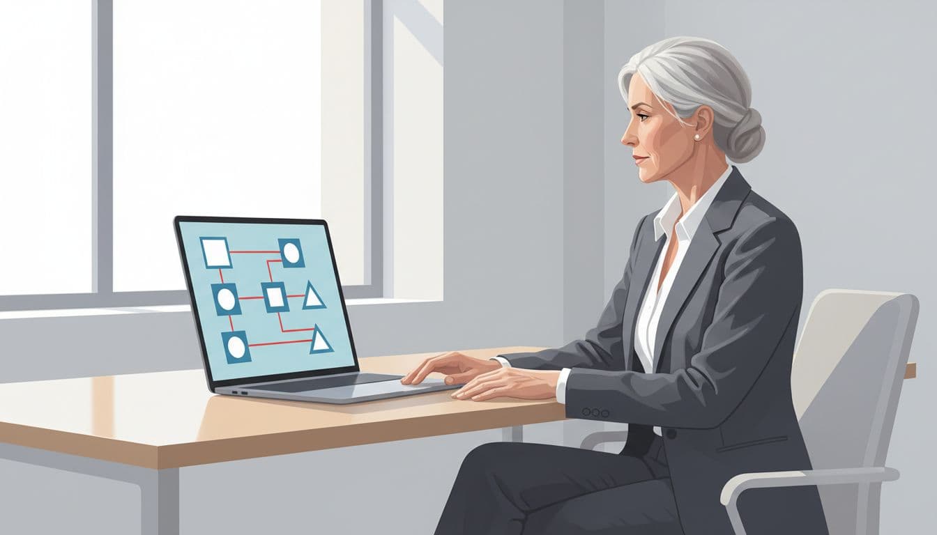 Senior executive in business attire sits at modern office desk, reviewing block diagram of interconnected systems on angled laptop screen.