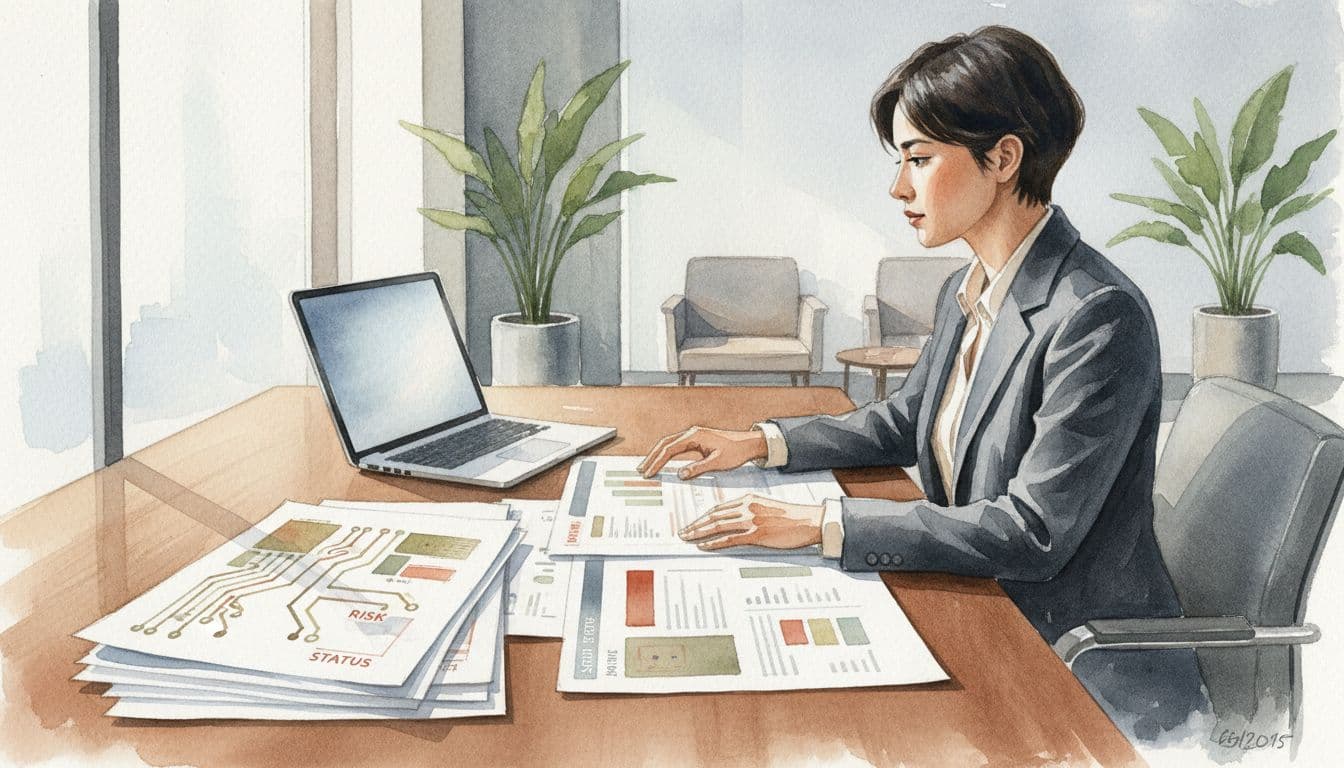 Executive sits at wooden desk reviewing printed tech diagrams and open laptop, hands resting nearby, in watercolor style.