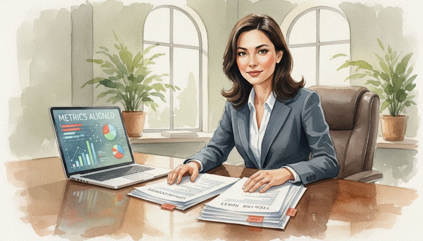 Watercolor of executive at desk reviewing contracts and reports with metrics dashboard on screen in quiet plant-filled office.