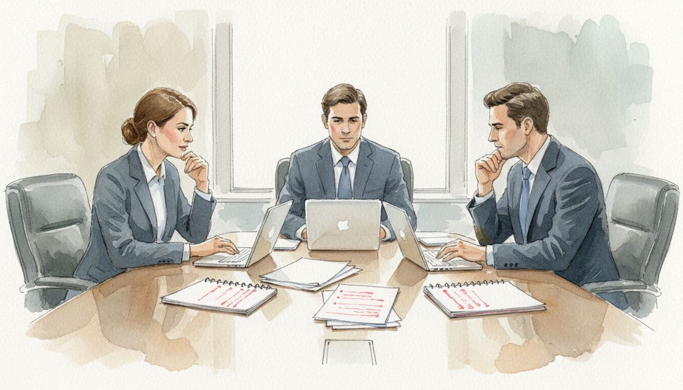 Three executives, two men and one woman, discuss around a table with laptops and red-accented notes in watercolor style.