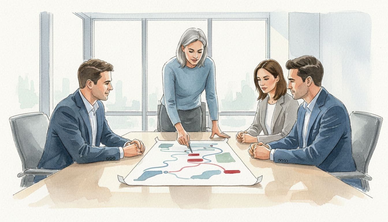 Four executives in modern conference room review roadmap chart around table, one pointing to priorities.