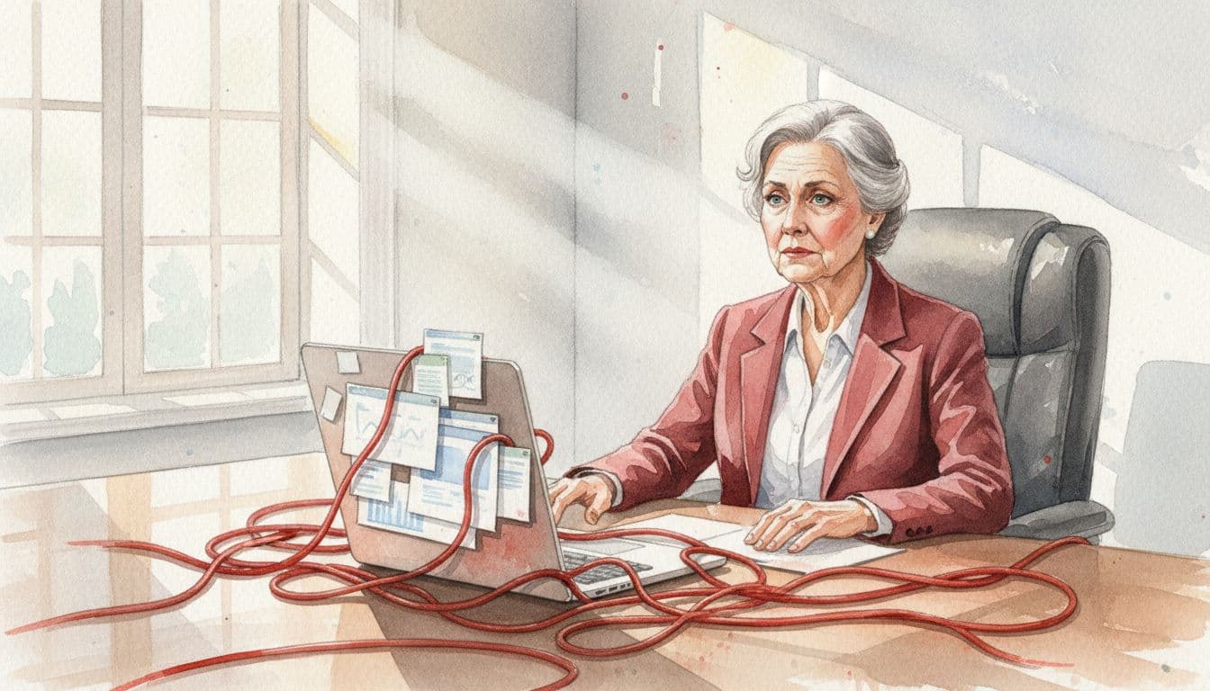 Senior executive at desk faces laptop with overlapping windows and tangled red cables, showing concern and determination in watercolor style.