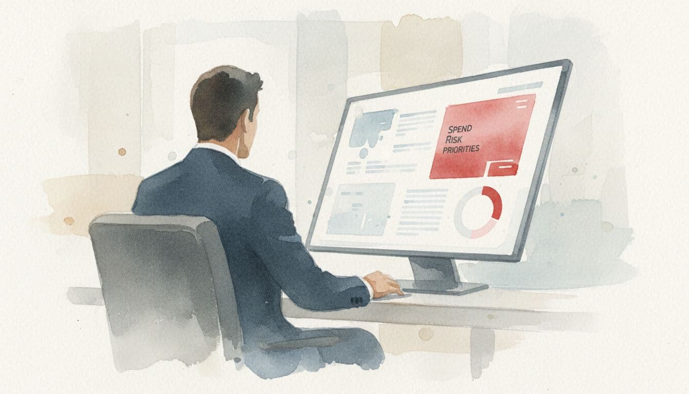 From behind a seated executive in an office, watercolor screen shows dashboard with spend, risk, and priority metrics in neutral tones with red accents.