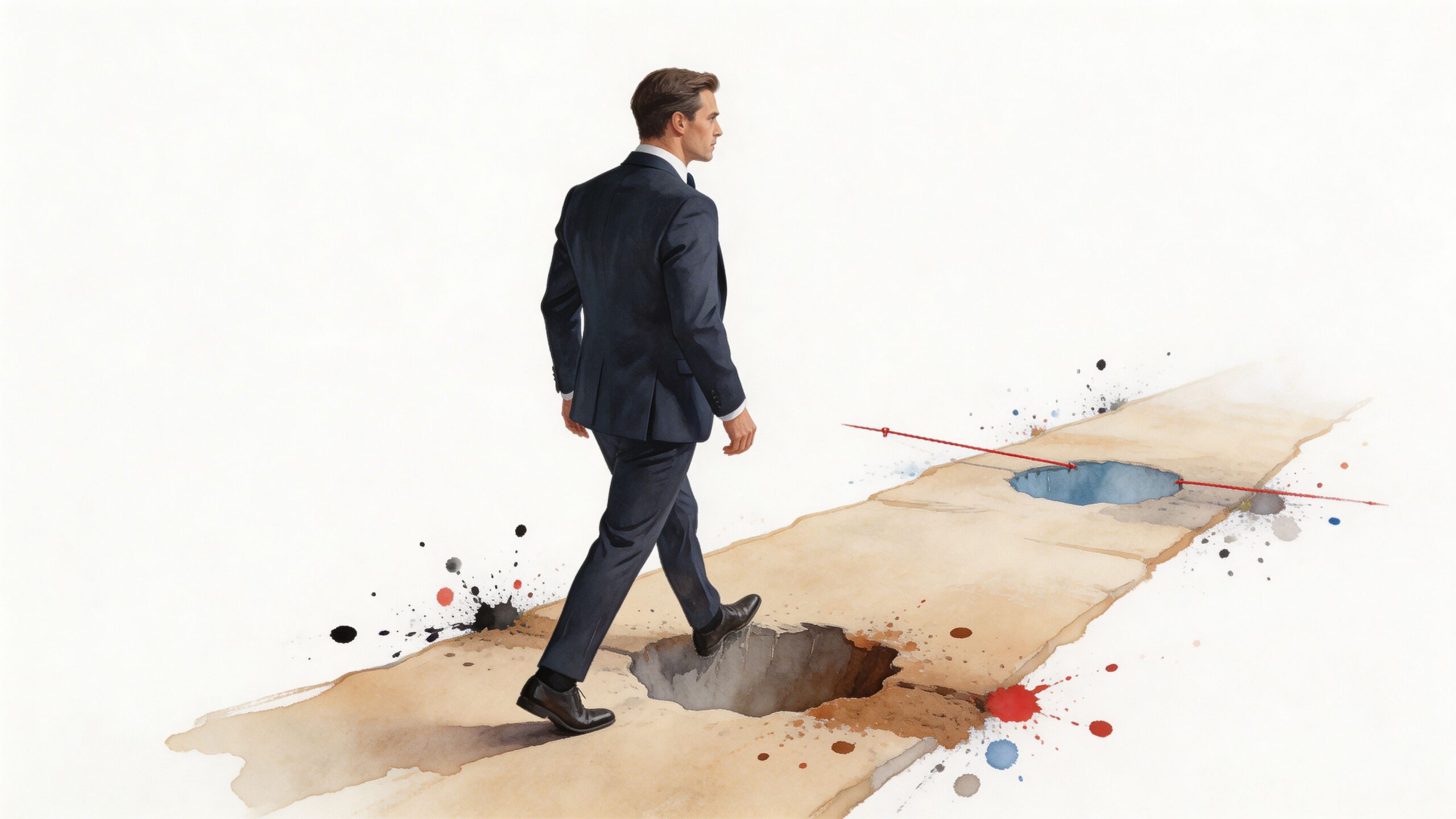 A businessman in a suit steps over a large hole while a smaller one lies ahead.