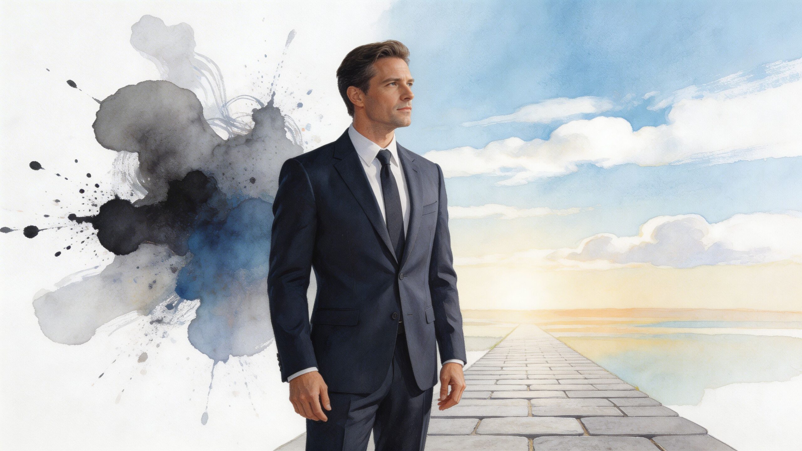A professional man in a suit standing before a watercolor backdrop of a stone path and sunset