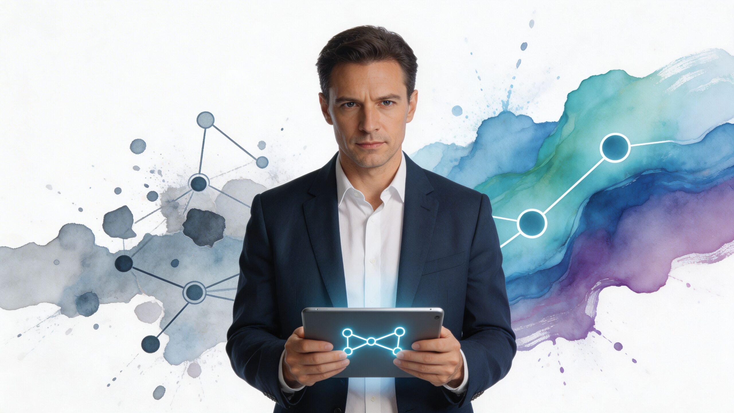 A professional businessman in a suit holds a digital tablet against an abstract background of watercolor digital nodes.