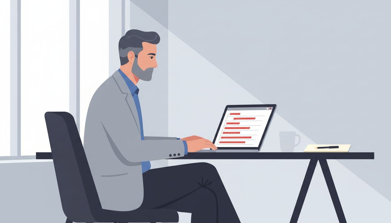 Middle-aged founder in business casual at modern open-office desk gazes at laptop showing stalled Gantt chart with red delay highlights, coffee mug and notepad nearby.