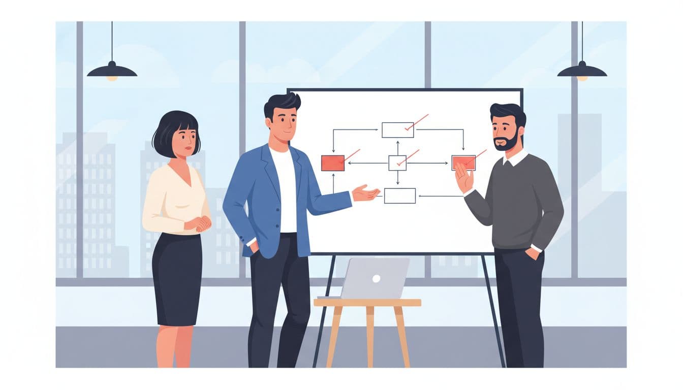 Fractional CTO presents simple tech roadmap on whiteboard to CEO and COO in modern office.