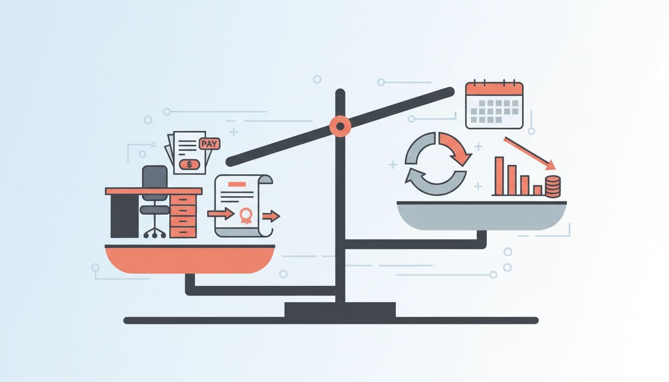 Balance scale tips heavy toward full-time CTO icons like desk and contracts, lighter fractional icons like calendar and savings graph.
