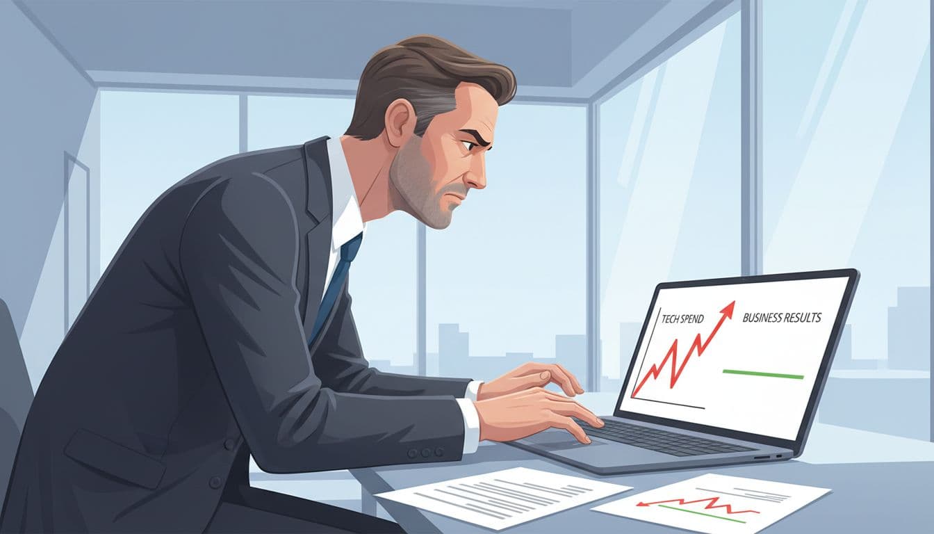 Side view of middle-aged CEO in modern office examining charts with rising red tech spend line and flat green business results.