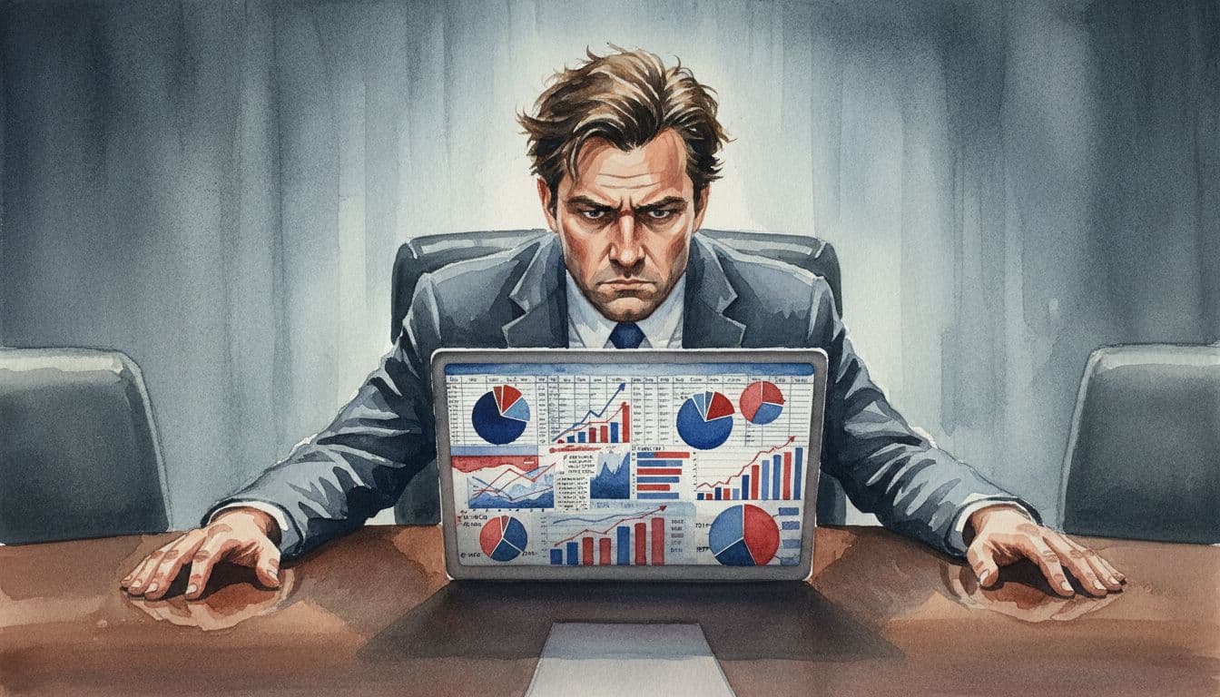 Frustrated executive at boardroom table stares at laptop screen cluttered with overlapping pie charts, bar graphs, and spreadsheets.