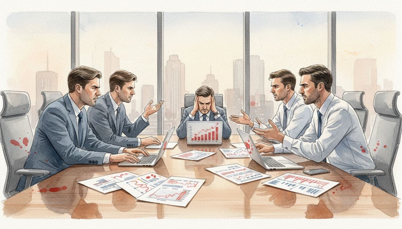 Watercolor scene shows five frustrated people—two vendors, two staff, one leader—arguing across conference table with scattered mismatched papers and laptops.