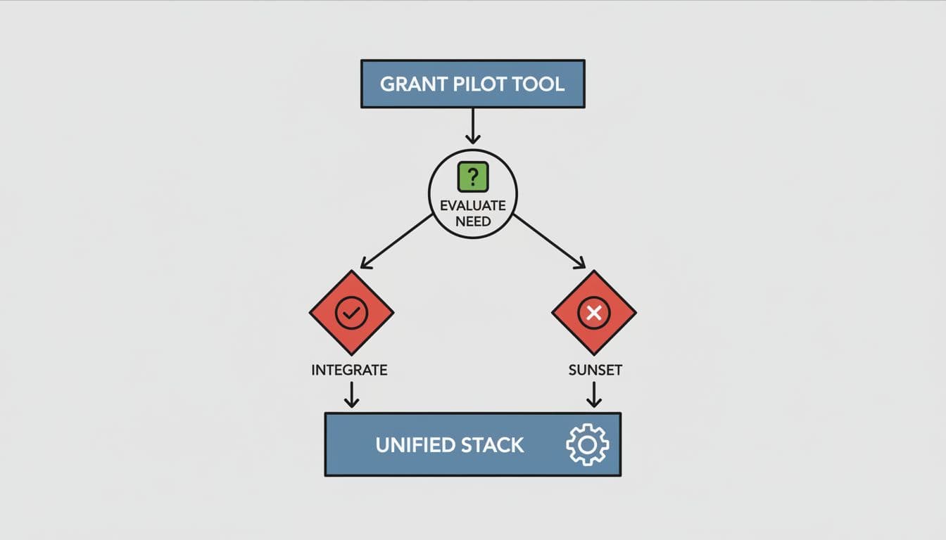 Modern illustration of a decision flowchart for evaluating grant pilot tools: starts with grant box branching to evaluate need, integrate or sunset paths, leading to unified stack. Simple nodes connected by arrows, neutral background, clean shapes and strong lines.