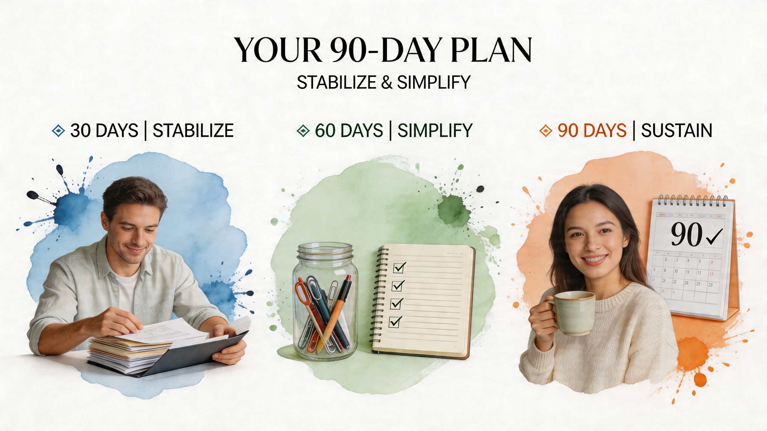 An infographic titled Your 90-Day Plan showing three stages: Stabilize, Simplify, and Sustain with people and planning icons.