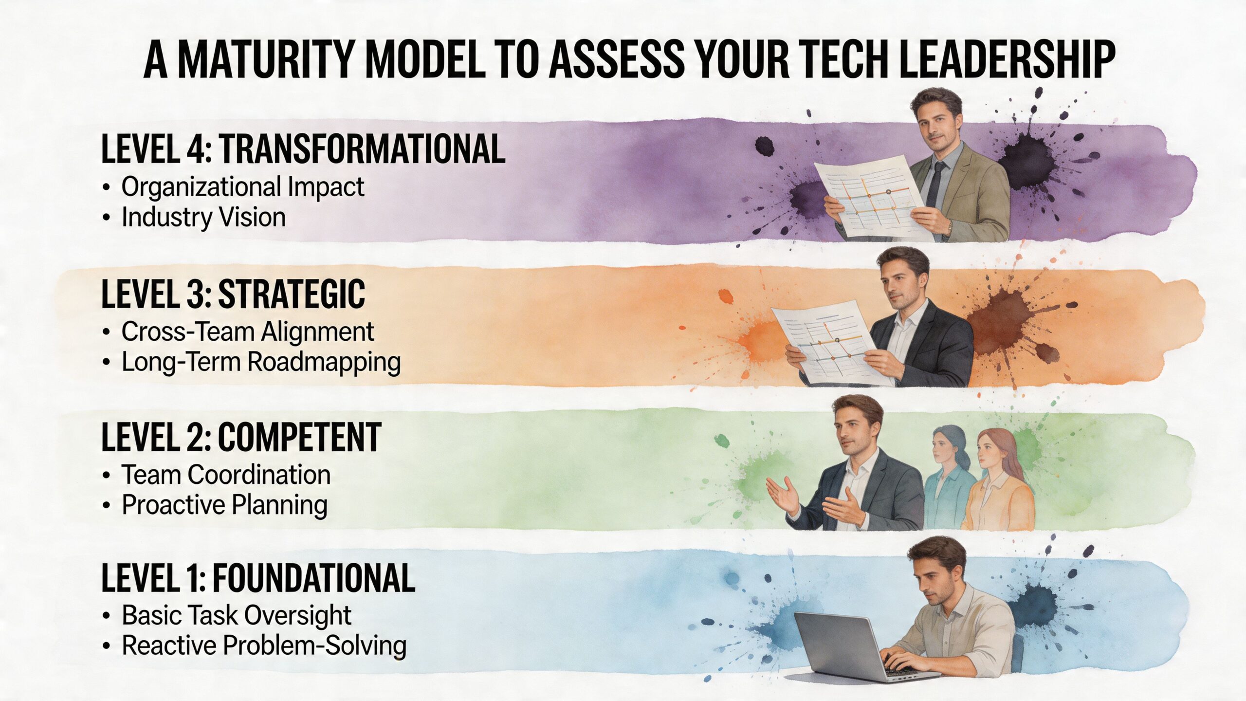 A four-level maturity model for tech leadership ranging from foundational task oversight to transformational industry vision.