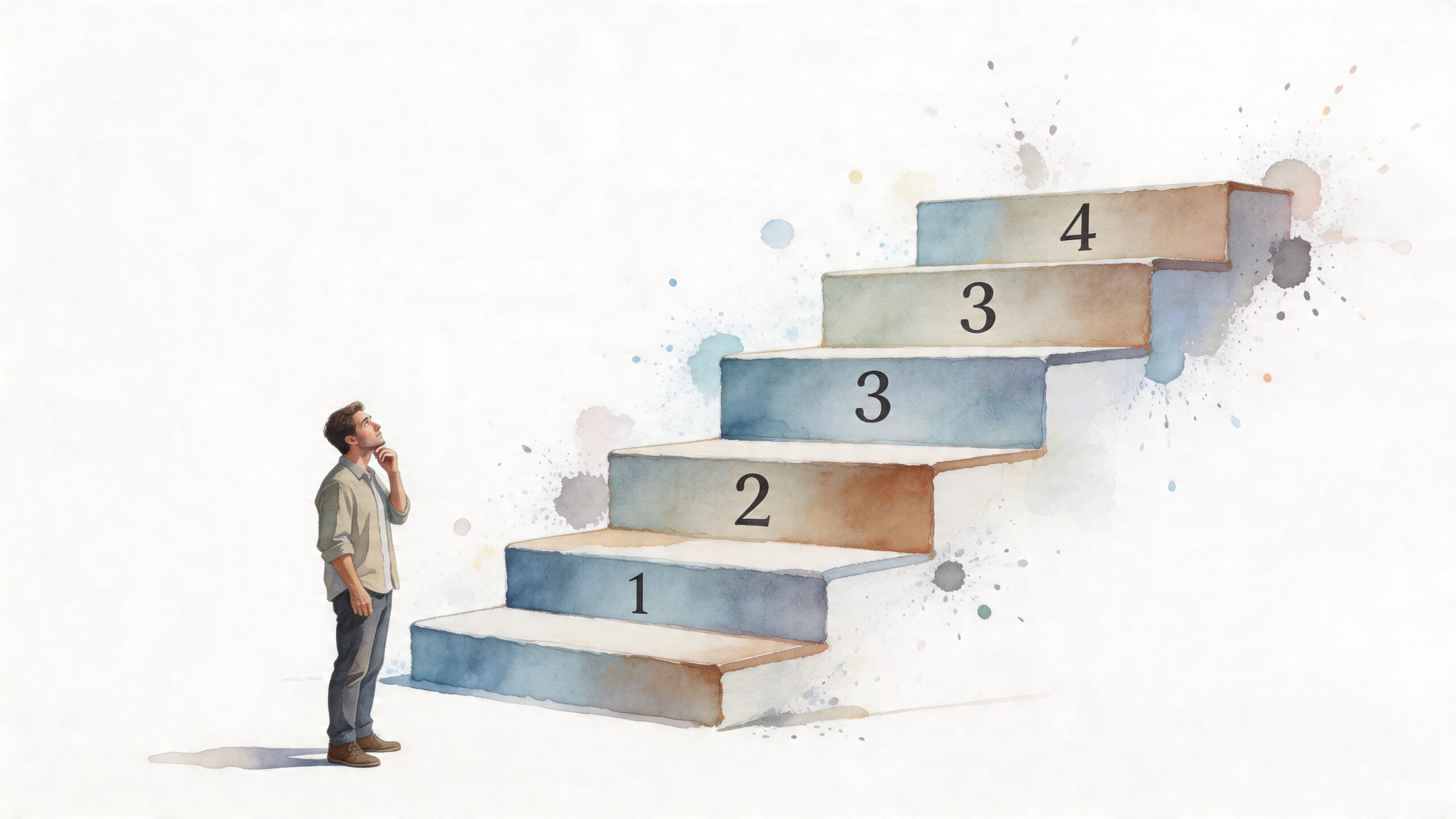 A man stands looking up at a staircase with numbered steps representing progression and development.