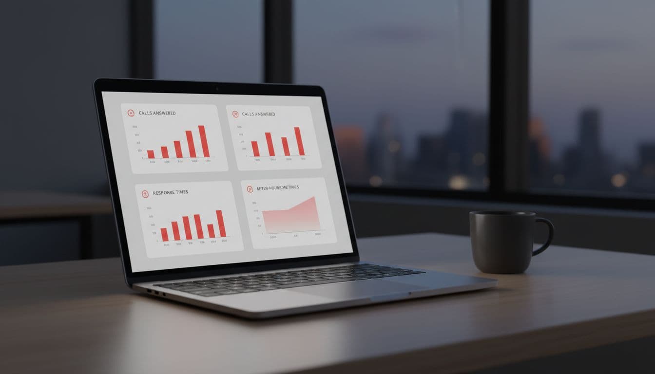 Modern illustration of a laptop on a desk displaying a simple intake dashboard with charts for calls answered, response times, and after-hours metrics in a low-light office setting with a coffee mug nearby.