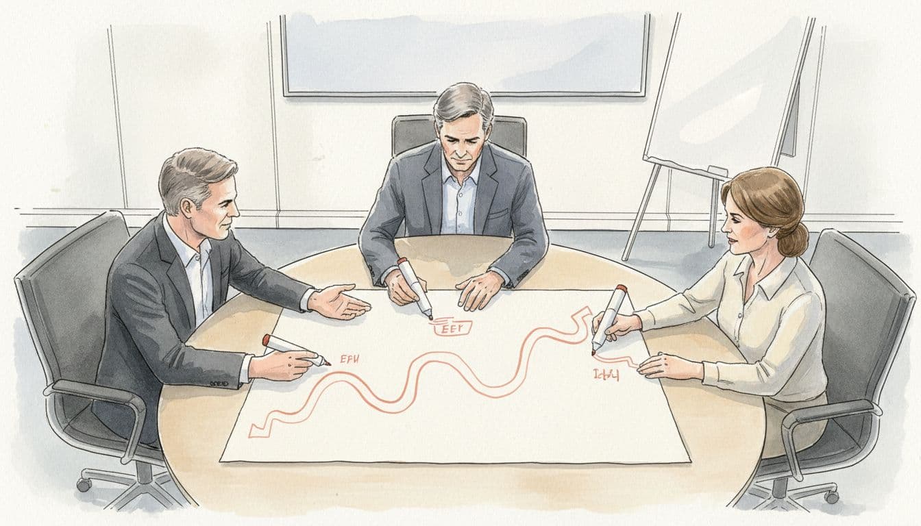 Three middle-aged executives sketch roadmap on paper at conference table in modern room with whiteboard.