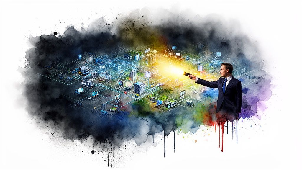 A businessman in a suit shines a flashlight onto a digital isometric city map network model.