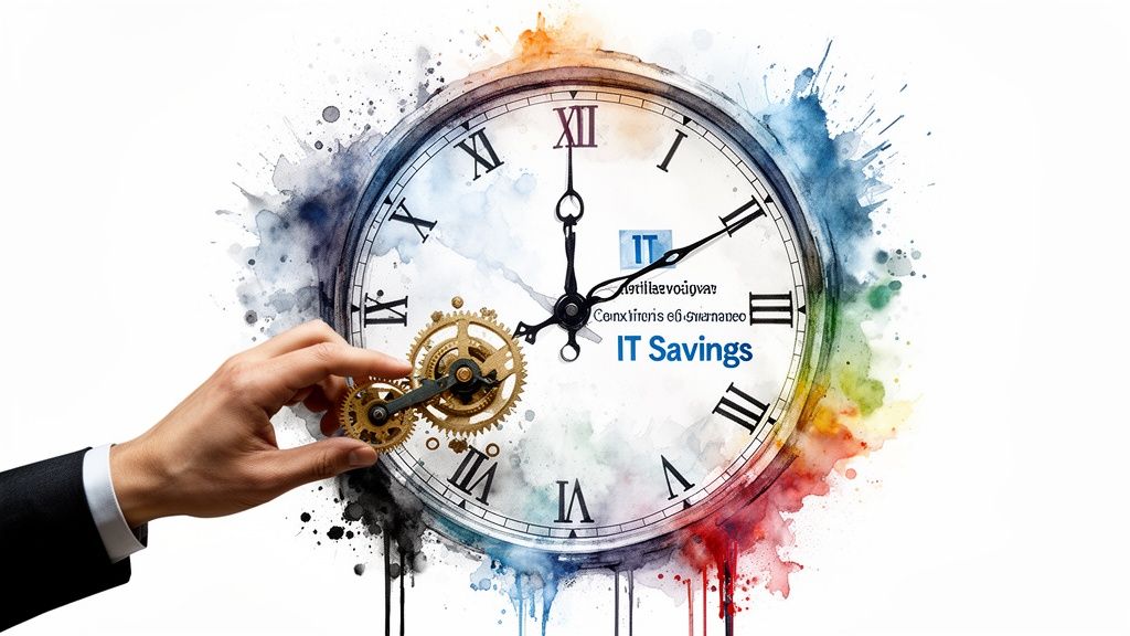 A hand adjusts mechanical gears over a stylized watercolor clock representing the concept of IT savings.