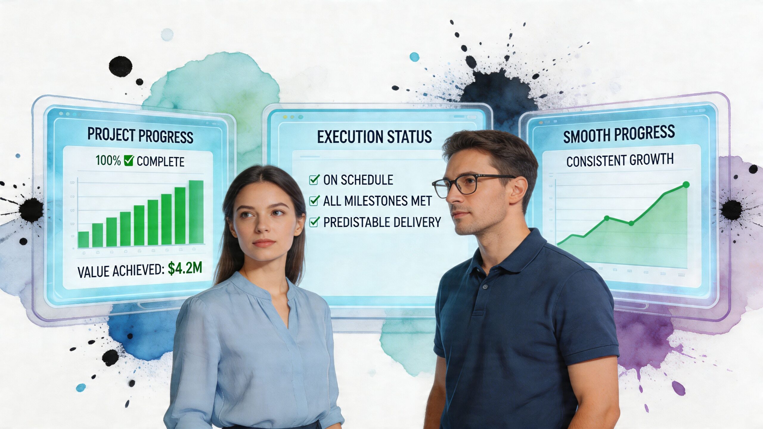 A professional man and woman standing before digital screens displaying project progress, execution status, and business growth charts.