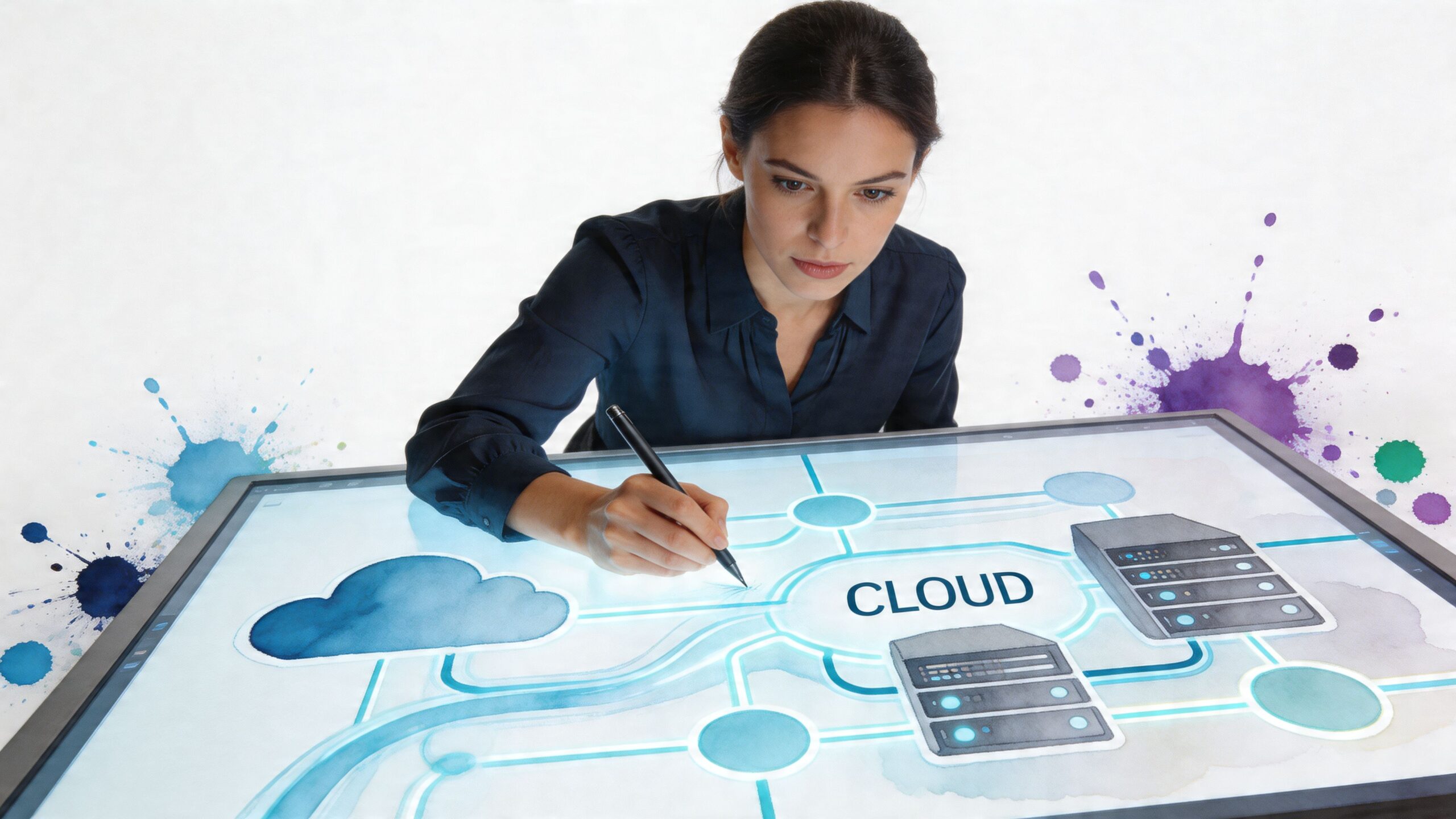 A professional woman uses a digital stylus on a touchscreen display to map out cloud infrastructure.