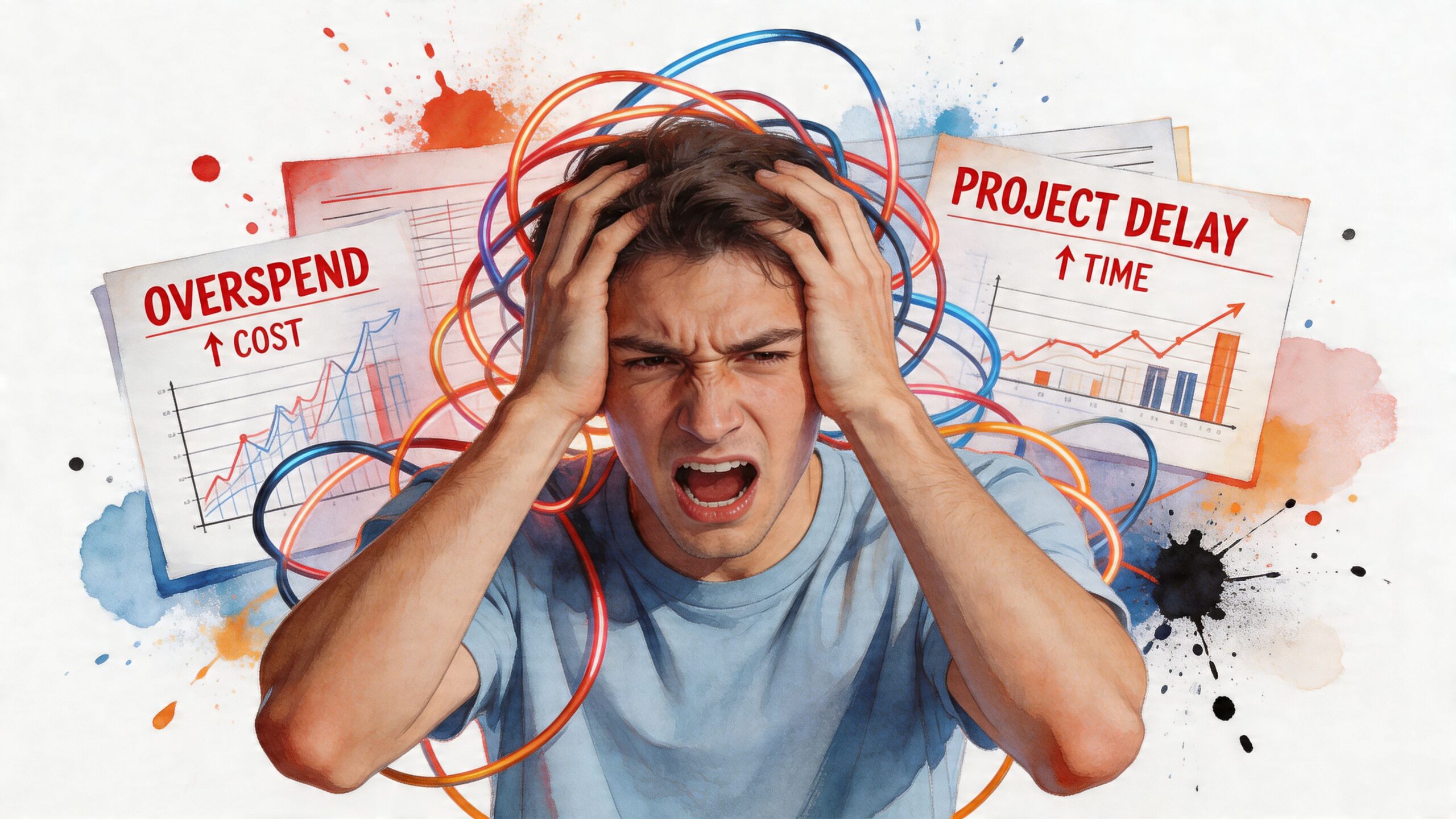 A stressed man holding his head in frustration while surrounded by business charts indicating overspending and project delays.