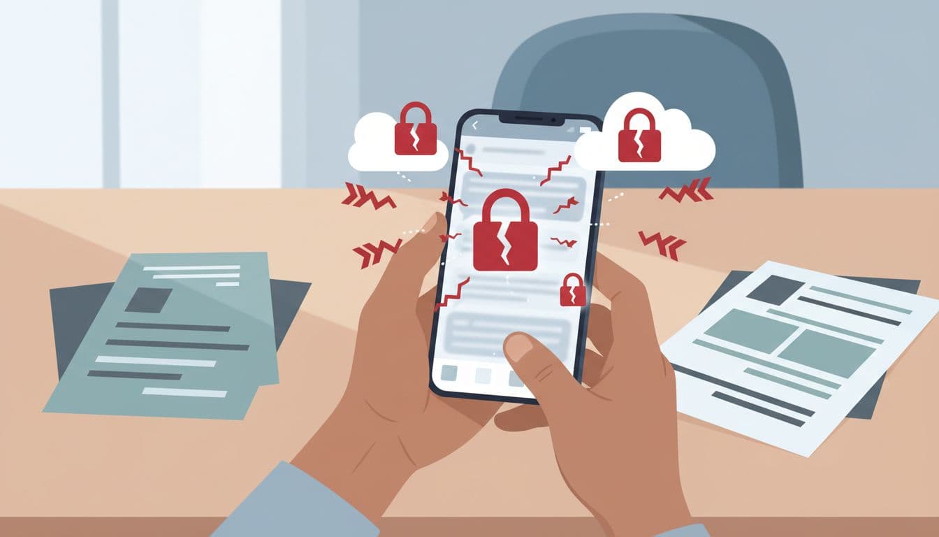 Modern illustration of a justice nonprofit staff member holding a smartphone with subtle client text messages and data leak icons like breaking locks and arrows to the cloud, on an office desk with mission documents.