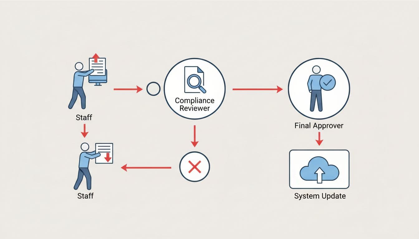 Simple flowchart illustrating the data field approval process in legal aid case systems, featuring staff submission, compliance review, and final approval with modern icons and red accents.