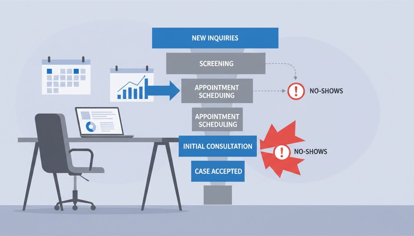 Modern illustration depicting a legal aid intake process funnel with high no-show drop-off, using clean shapes in an office environment featuring charts, a calendar, and one laptop in a blue-gray palette with red warning accents.