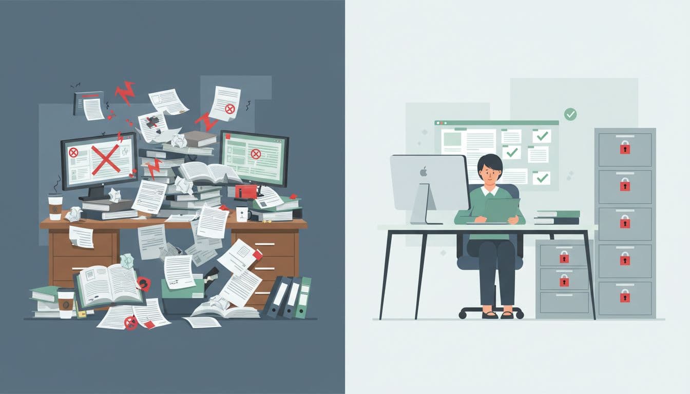 Modern split-scene illustration in a legal aid office contrasting unmanaged conflict risks on a cluttered left desk with warnings against an organized right workspace featuring secure filing and green checks.