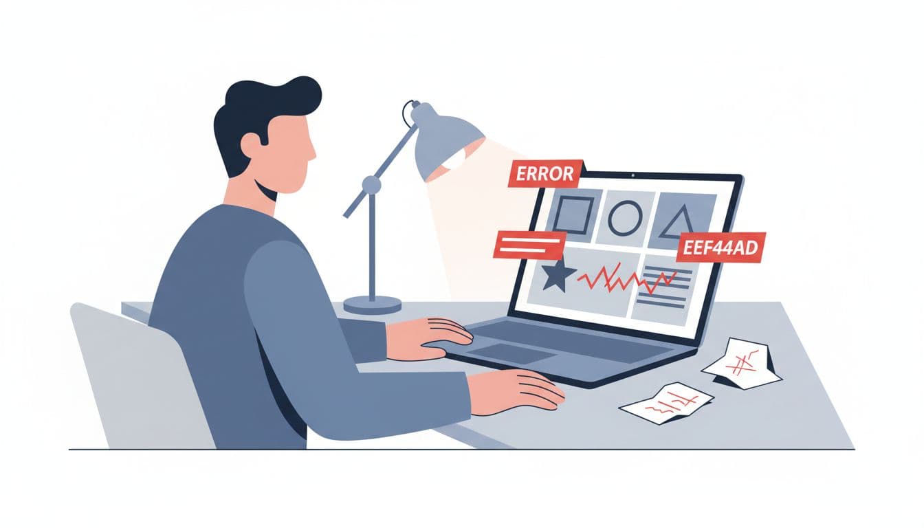 Modern illustration of a legal nonprofit executive at a desk, viewing a laptop displaying an abstract case management dashboard with mismatched icons and red error alerts, surrounded by scattered paper notes under soft desk lamp lighting.