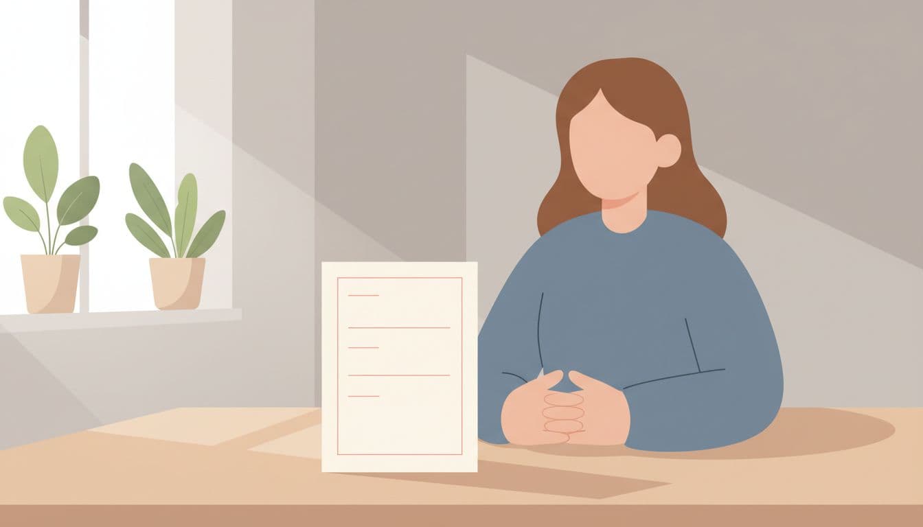 Modern illustration of a simple paper intake form with minimal fields on a wooden desk in a modest legal aid office, with one staff member seated nearby and natural window lighting.