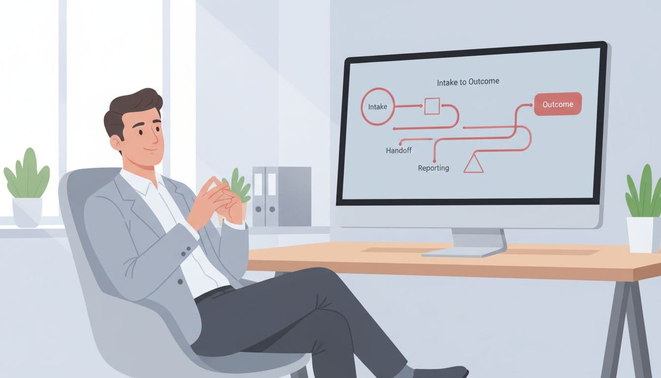 Clean modern illustration of a workflow diagram on a single screen showing streamlined intake to outcome path with connected nodes, reviewed by a calm executive at a desk in a bright organized office.