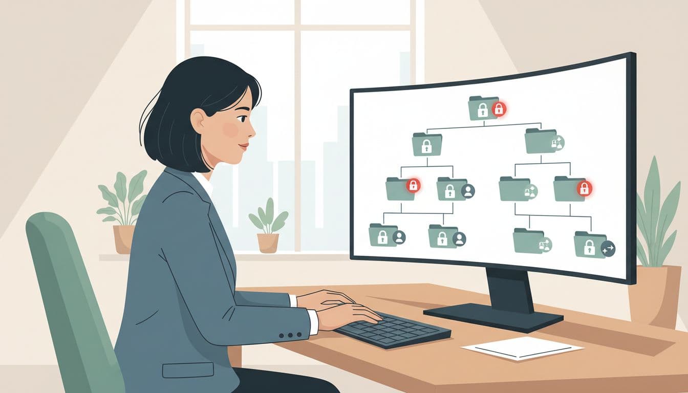 Modern illustration of a nonprofit executive reviewing a visualized hierarchical map of shared drive folders with permission icons like locks and users on a computer screen in an office setting.
