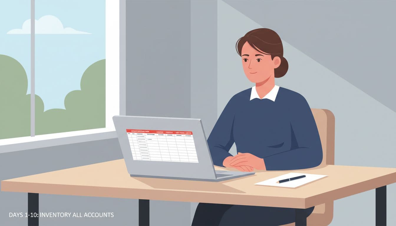 Modern illustration of a justice nonprofit executive at a simple office desk, reviewing a digital spreadsheet on a laptop displaying service account details including name, owner, purpose, creation date, and last access.