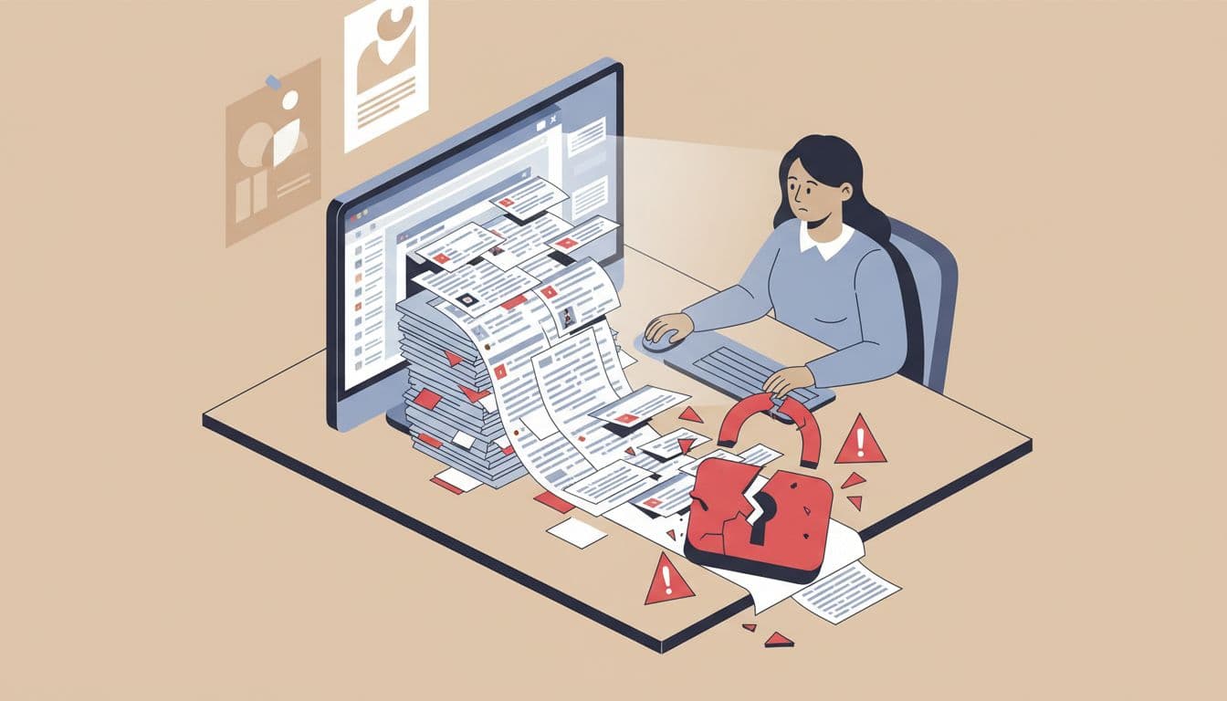 Modern illustration depicting an overflowing email inbox on a nonprofit staff desk, with sensitive client ID papers spilling toward a broken padlock symbolizing data breach risk in an office setting.