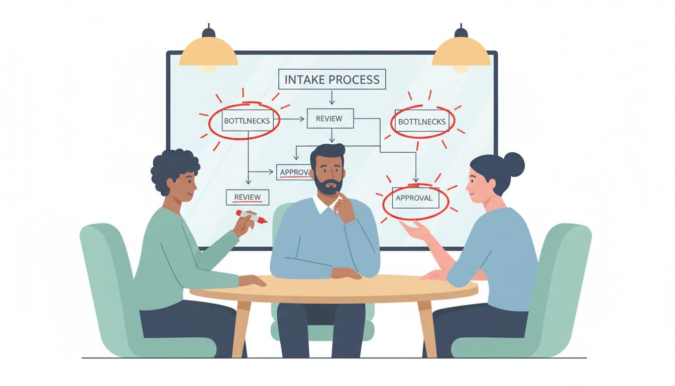 Three executives in a nonprofit office gather around a conference table to examine a whiteboard featuring an intake process flowchart highlighted with red bottlenecks, engaged in focused discussion.