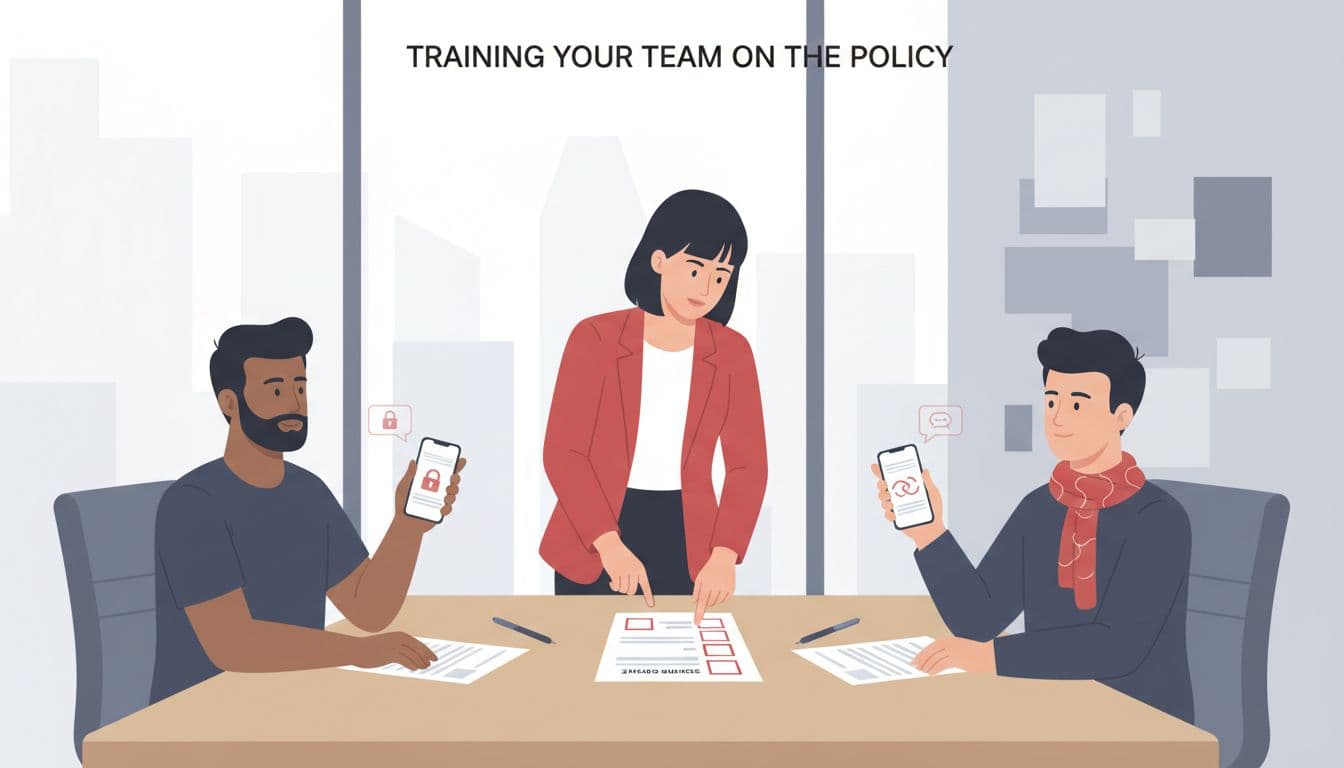 Modern illustration of three diverse professionals in a nonprofit team training session around a conference table with phones and policy handouts. The leader points to guidelines, featuring subtle secure texting icons in clean shapes.