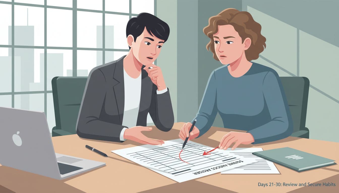 Modern illustration of a small justice nonprofit leadership team of two people around a conference table, examining a printed service account register document in a window-lit meeting room with focused expressions, papers, and one laptop.