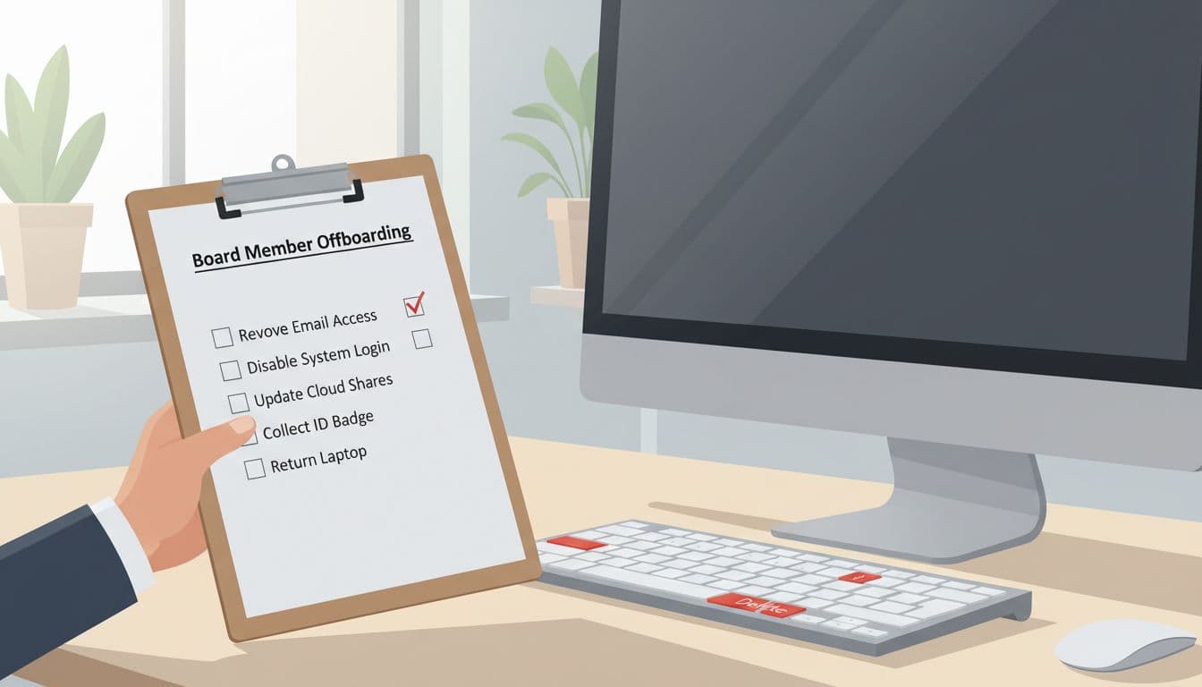 Hand holds clipboard checklist next to computer keyboard on executive desk.