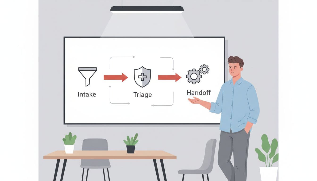 Modern illustration of a simple flowchart on a whiteboard in a team office, depicting intake to triage to handoff steps with minimal icons and one relaxed staff member gesturing toward it. Clean shapes, controlled palette with #EF4444 accent arrows, natural overhead lighting, landscape ratio, no text or watermarks.